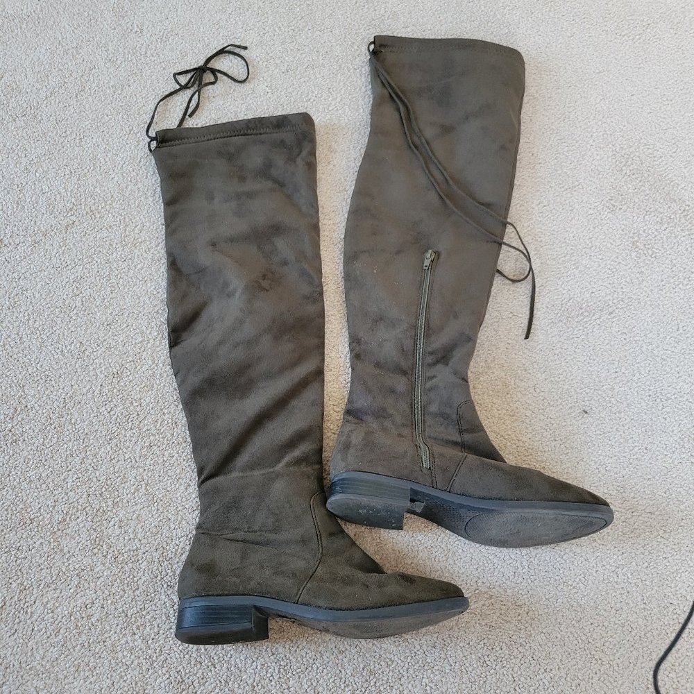 Olive Green Knee High Boots Suede Tassel Women's 8 EUR 38 Adjustable String